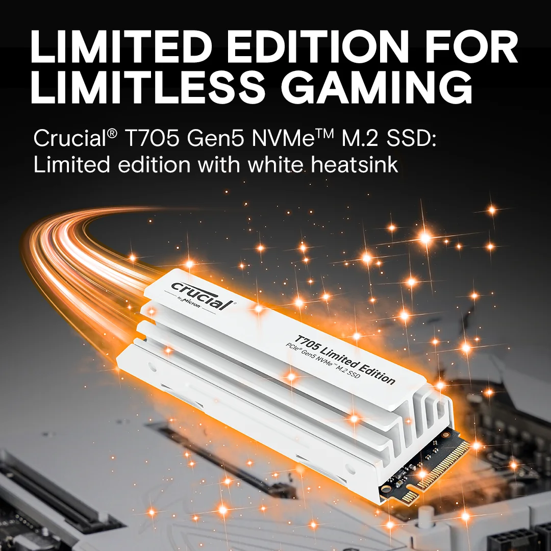 Crucial T705 2TB PCIe 5.0 NVMe M.2 SSD with limited edition white heatsink, Read and Write speeds up to 14500 & 12700MB/s, 5 Year Warranty image 2