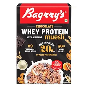  Bagrry's Whey Protein Muesli 500gm Box | 20gm Protein | Chocolate Flavour| Whole Oats & Californian Almonds|