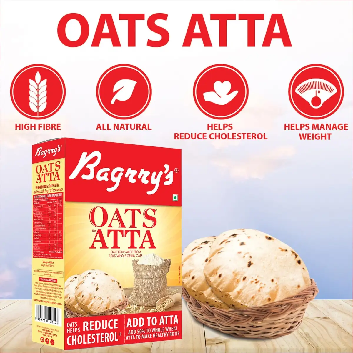 Bagrry's Oats Atta 500gm Box, High in Protein & Fibre image 5