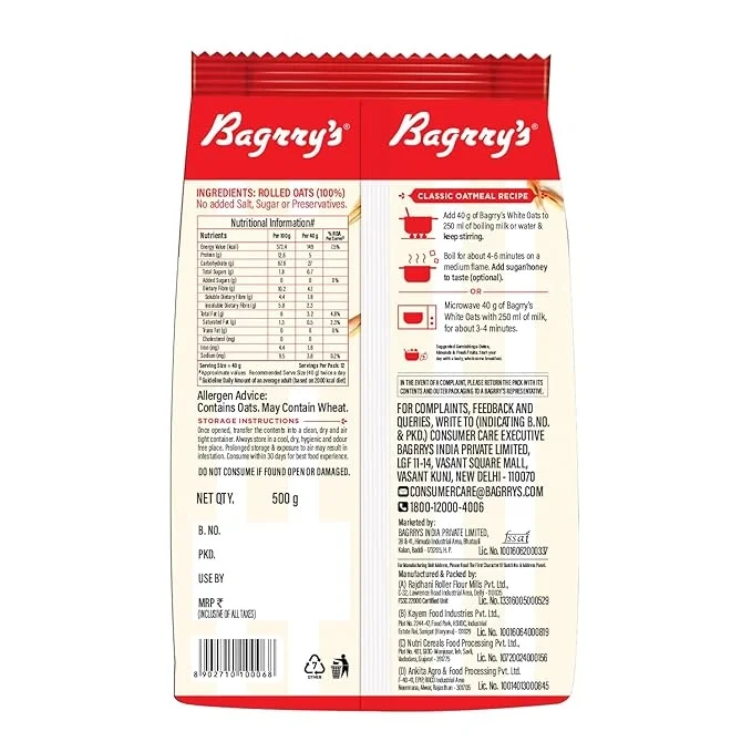  Bagrry's White Oats 500gm Pouch | Natural Whole Grain | High Soluble Fibre | Protein Goodness  image 2