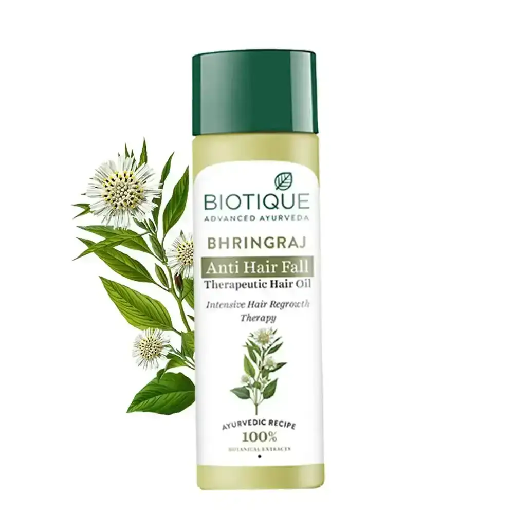 Biotique Bio Bhringraj Therapeutic Hair Oil 200ml. Ayurvedic treatment for hair growth and scalp health.