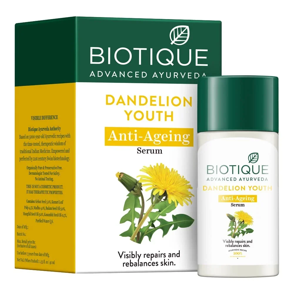 Biotique Dandelion Youth Anti-Ageing Serum| Ayurvedic and Organically Pure| Anti-Ageing Serum for Men & Women| 40ml