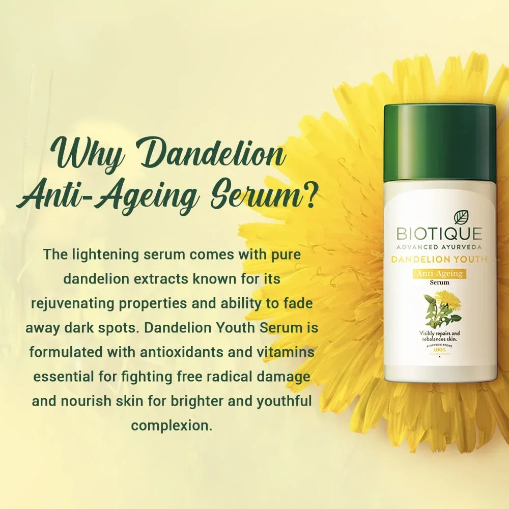 Biotique Dandelion Youth Anti-Ageing Serum| Ayurvedic and Organically Pure| Anti-Ageing Serum for Men & Women| 40ml image 6