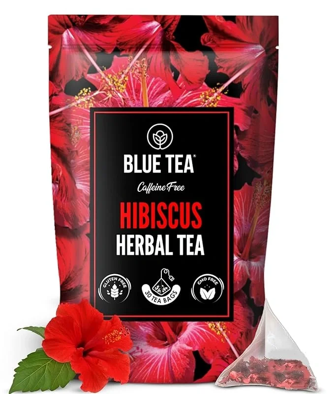 Blue Tea hibiscus tea, a plant-based, vitamin C rich flower-based tea enhancing skin glow.