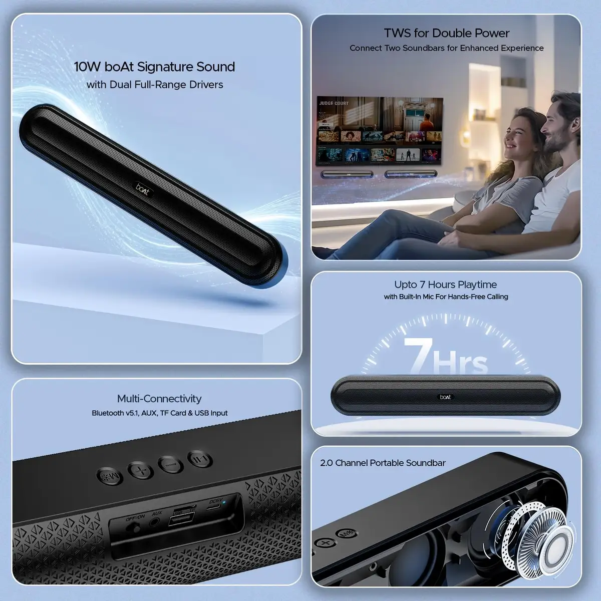 Boat Aavante Bar 490 10W Signature Sound, Dual Full-Range Drivers,7 HRS Battery, Built-in Mic,2.0 CH, TWS Feature,Multi Connect, Bluetooth Sound Bar, Soundbar Speaker (Classic Black) image 3