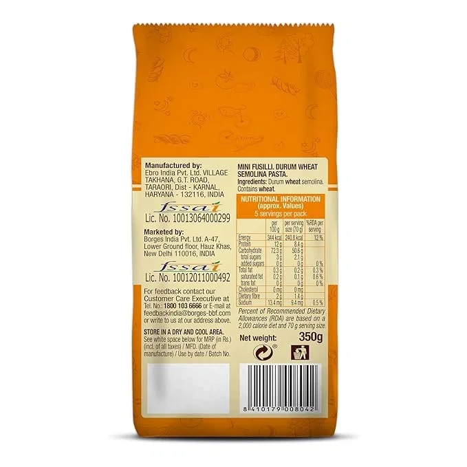 Borges Mini Fusilli Pasta 350g – 100% Durum Wheat, Healthy No-Maida Pasta image 2