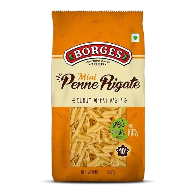Borges Mini Penne Rigate Durum Wheat Pasta - ideal bite size for kids, cooks in 10 minutes.