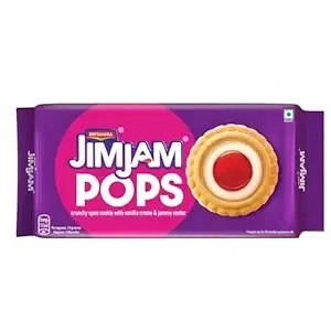Britannia JimJam Pops, a crunchy open cookie with vanilla crème and jammy center.