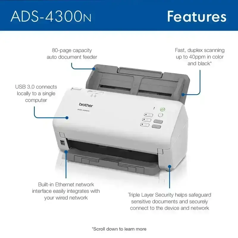 Brother ADS-4300N Desktop Document Scanner | 40 PPM | 512 MB | USB 3.0, Ethernet | ADF Scanning | Automatic Colour Scanning | A4 Scanner | 1 Year Warranty image 2