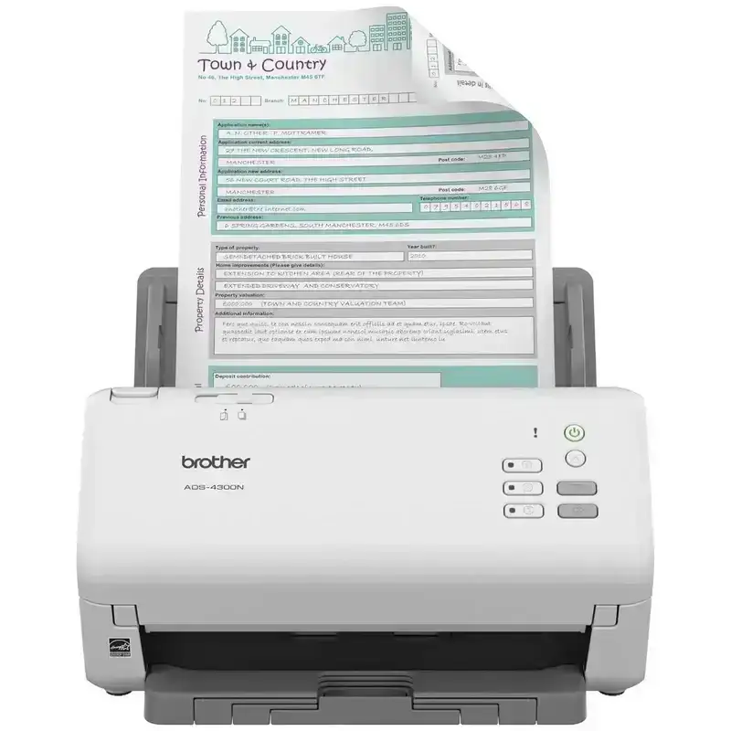 Brother ADS-4300N desktop document scanner. 40 PPM, USB 3.0, Ethernet, ADF, auto color scan, A4, 1yr warranty.