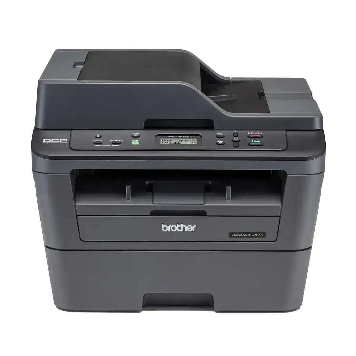 Brother DCP-L2541DW monochrome laser printer with duplex printing, ADF, wireless connectivity, and A4 support.