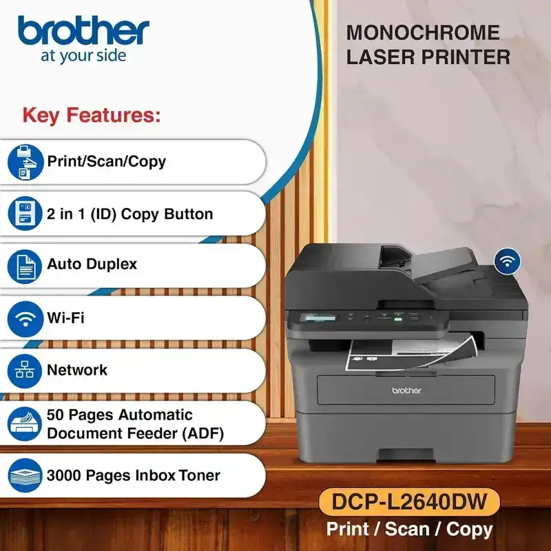 Brother DCP-L2640DW A4 Laser Multifunction Printer| 34 PPM | 256 MB | USB 2.0, Ethernet, Wireless or Wi-Fi | Print, Scan, Copy & ADF | Automatic Duplex | 1 Year Warranty image 3