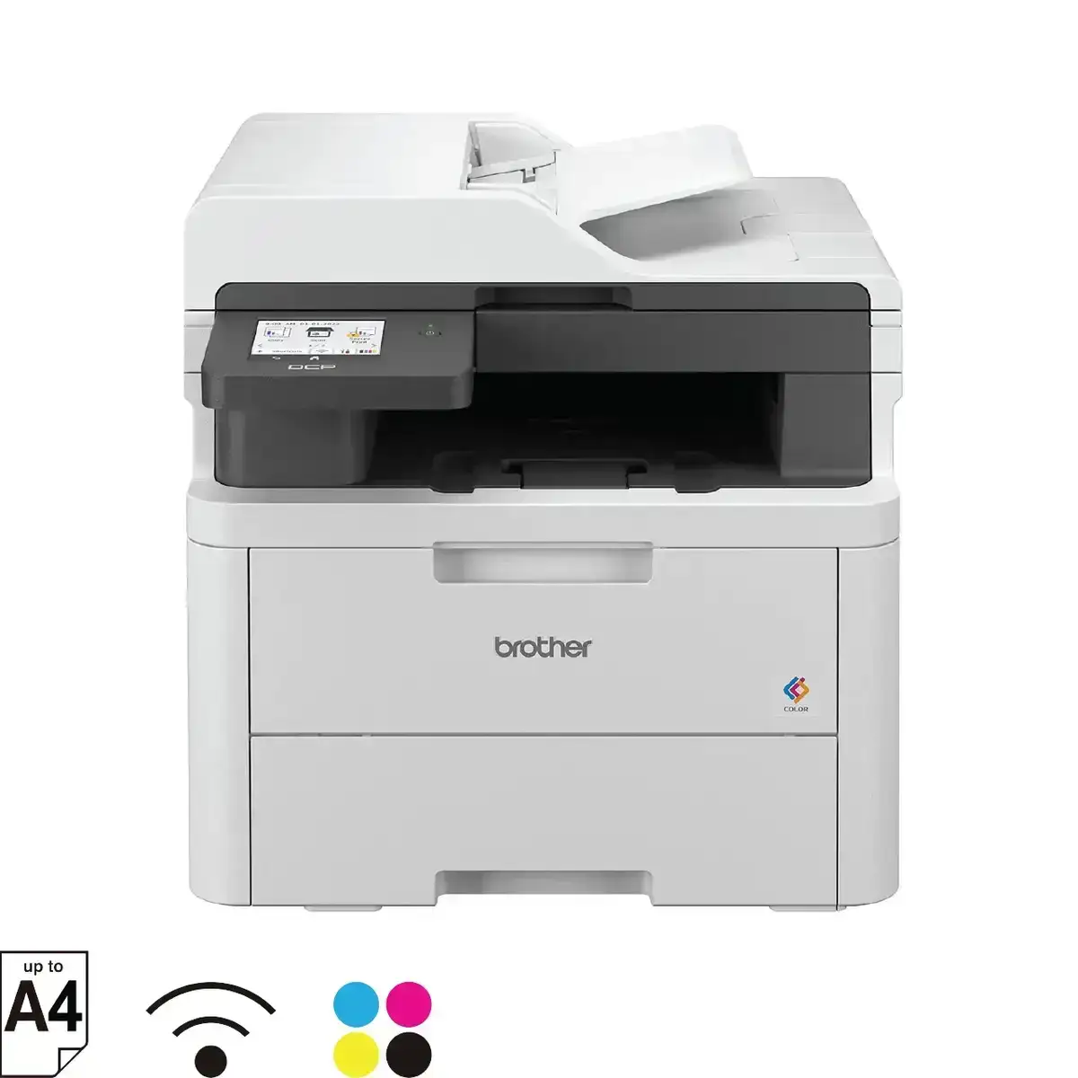 Brother DCP-L3560CDW multifunction color laser printer with duplex printing, ADF, wireless and USB connectivity.