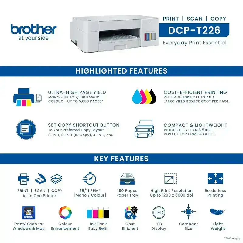 Brother Ink Tank DCP-T226 A4 Ink-Tank Colour Multifunction Printer | 16 IPM (Black)/ 9 IPM (Colour) | USB 2.0 | 64 MB | Print, Scan & Copy | Free Installation | 1 Year Warranty image 4