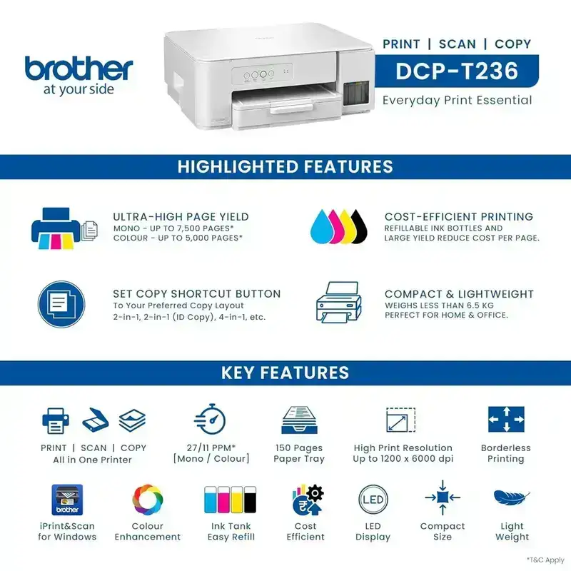 Brother DCP-T236 A4 Colour A4 Multifunction Printer | up to 16 ipm (Black)/ 9 ipm (Colour) | USB 2.0 | 64 MB | Print, Scan, Copy | Free Installation | 1 Year warranty image 5