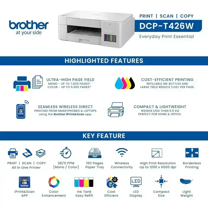 Brother DCP-T426W Inkjet A4 Color Multifunction Printer | 8 PPM (Black)/ 5 PPM (Colour) | 64 MB | Print, Scan, Copy | USB 2.0, Wiresless or Wi-Fi | Free Installation | 1 Year Warranty image 5