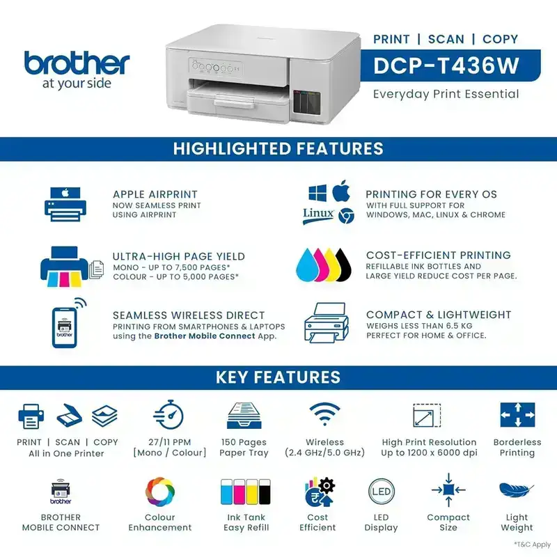 Brother DCP-T436W A4 Inkjet Multifunction Printer | 26 PPM (Black)/ 11 PPM (Colour) | 128 MB | Print, Scan, Copy | USB 2.0, Wireless or WiFi |Free Installation | 1 Year Warranty image 6