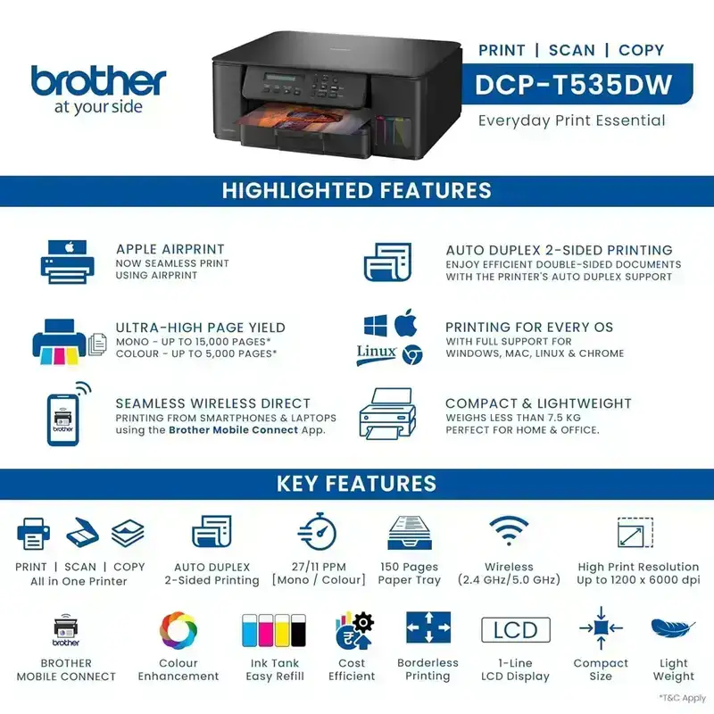Brother DCP-T535DW A4 Ink Tank Colour Multifunction Printer| 16 ipm (Black)/ 9 ipm (Colour) | 128 MB | Print, Scan & Copy | USB 2.0, Wireless or WiFi | Automatic Duplex | Free Installation | 1 Year Warranty image 5