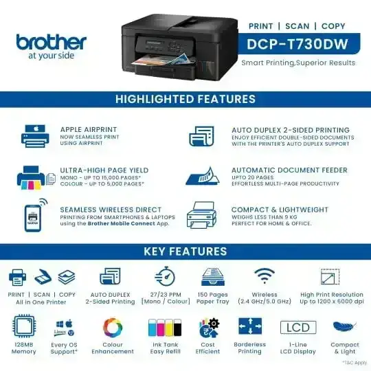 Brother DCP-T730DW A4 Color Multifunction Printer | 6 ipm (Black)/ 15.5 ipm (Colour) | USB 2.0, Wireless or Wi-Fi |  Automatic Duplex | Print, Copy, Scan, ADF | Free Installation | 1 Year warranty image 8