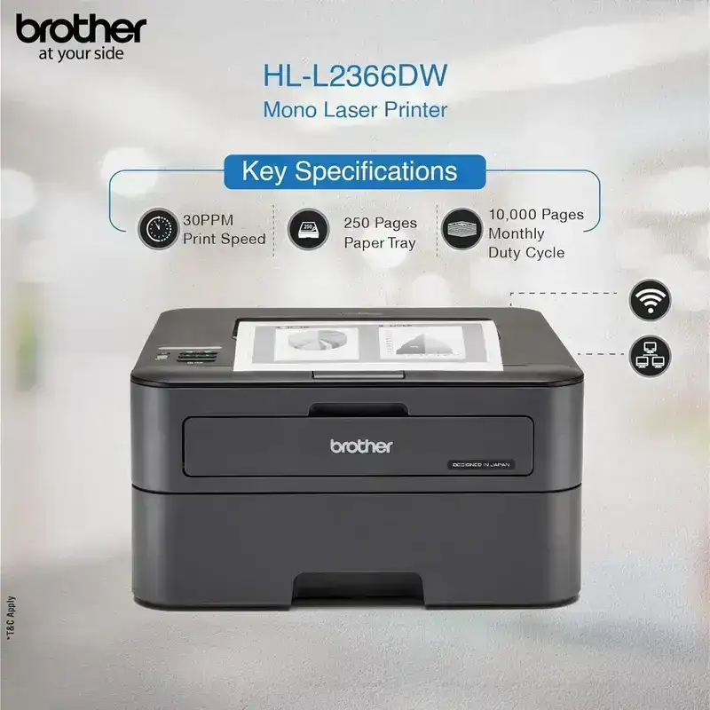 Brother HL-L2366DW A4 laser printer with duplex printing, Wi-Fi, and USB. Ideal for home or small office.
