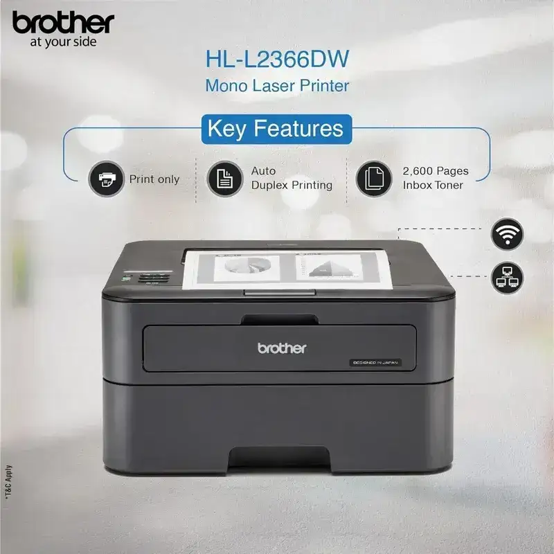 Brother HL-L2366DW A4 Laserjet Single Function Printer | 30 PPM | 32 MB | Automatic Duplex | USB 2.0 | Ethernet | Wireless or Wi-Fi | Free Installation |1 Year Warranty image 2