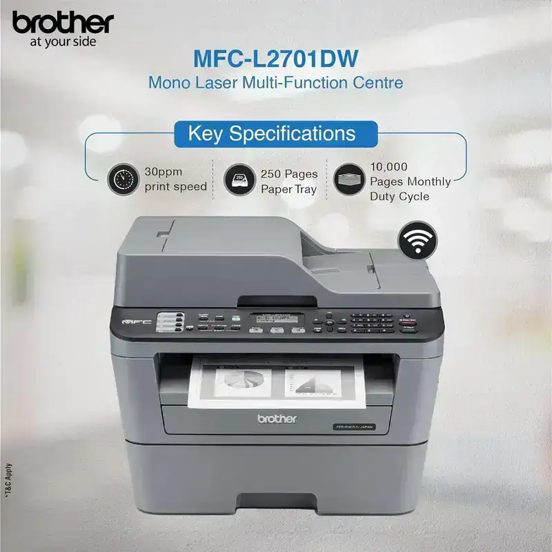 Brother MFC L2701DW A4 Laserjet All in One Printer | 30 PPM | 32 MB | USB 2.0 | Ethernet | Wireless of Wi-Fi | Print | Copy | ADF Scan | Fax |  Automatic Duplex | 2 in 1 ID Copy Button | 2-line LCD Display | 1 Year Warranty image 2
