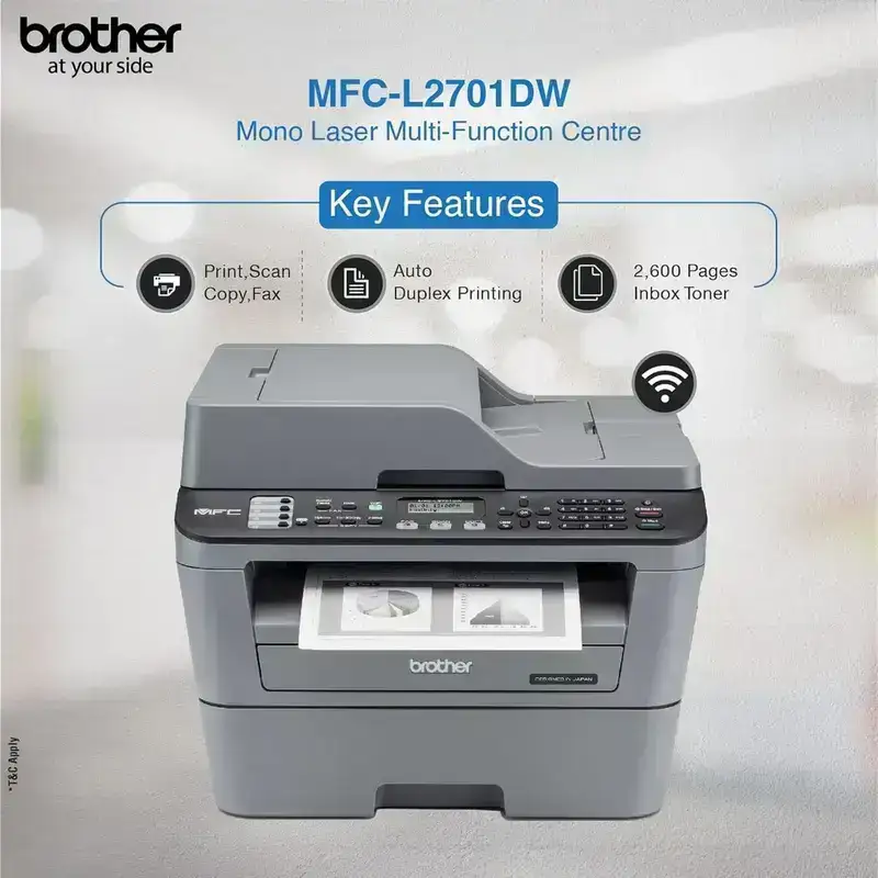 Brother MFC L2701DW A4 Laserjet All in One Printer | 30 PPM | 32 MB | USB 2.0 | Ethernet | Wireless of Wi-Fi | Print | Copy | ADF Scan | Fax |  Automatic Duplex | 2 in 1 ID Copy Button | 2-line LCD Display | 1 Year Warranty image 3