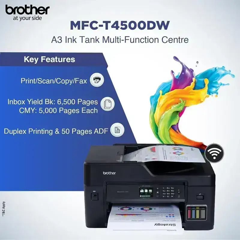 Brother MFC-T4500DW A3 Ink Tank Colour Multifunction Printer A3 Inkjet Printer |  11 PPM (Black)/ 10 PPM (Colour) | 128 MB | USB 2.0, Ethernet, Wireless or Wi-Fi | Print, Copy, Scan, ADF, Fax | Automatic Duplex | 1 Year Warranty image 3
