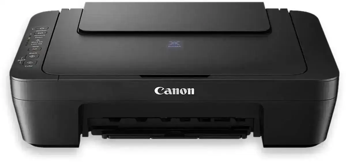 Canon PIXMA E470 colour inkjet printer for home use. Prints, scans, and copies via USB, Wi-Fi. 1-year warranty.