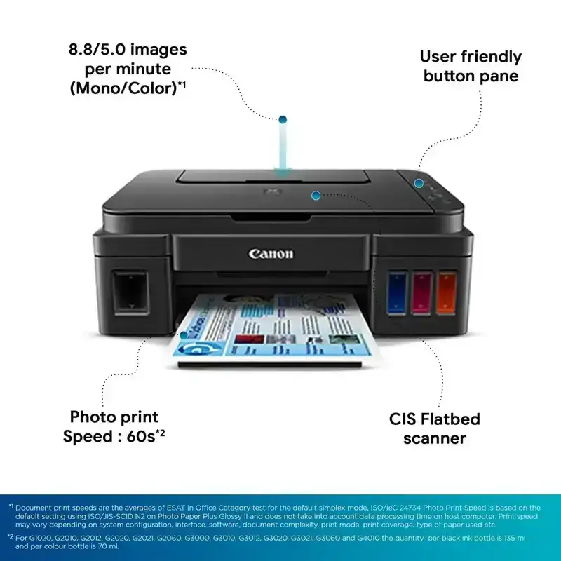 Canon PIXMA MegaTank G3000 A4 Ink Tank Colour Multifunction Printer | 8.8 IPM (Black) / 5.0 IPM (Colour) | USB 2.0, Wireless or WiFi | with 2 Additional Black Ink Bottles for Home and Office | 1 Year Warranty image 4
