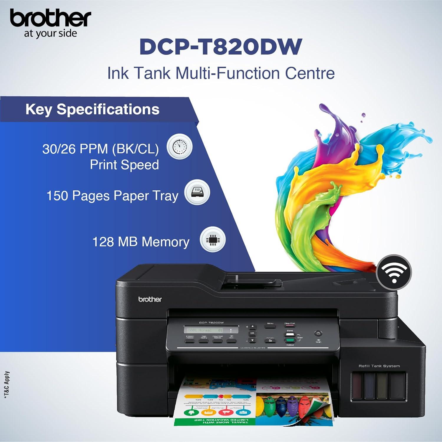 Brother DCP-T820DW A4 Multifunction Colour Inkjet Printer | 8 PPM (Black)/ 8 PPM (Colour) | 128 MB | Print, Copy, Scan, ADF | USB 2.0, Ethernet, Wireless or Wi-Fi | Automatic Duplex | Free Installation | 1 Year Warranty thumbnail 4