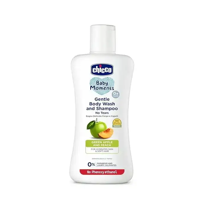 Chicco Baby Moments gentle body wash and shampoo, 200ml, with green apple and peach scent. Perfect for baby's delicate skin.