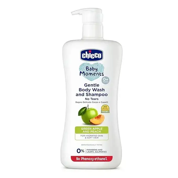 Chicco Baby Moments Gentle Bodywash & Shampoo 500ml with Green Apple & Peach scent. A mild cleanser for baby's skin and hair.