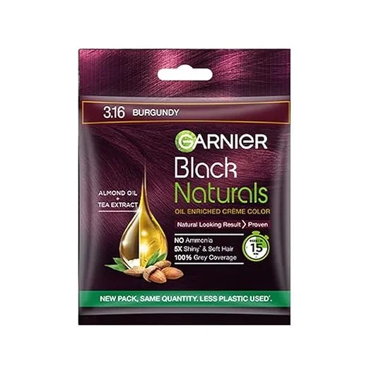 Garnier, Hair Colouring Crème, 100% Grey Coverage, Softening and Increased Shine, Black Naturals, 3.16 Natural Burgundy, 20g + 20ml