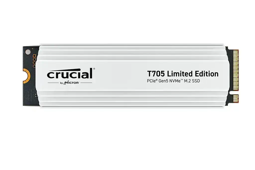 Crucial T705 2TB PCIe 5.0 NVMe M.2 SSD with white heatsink. Speeds up to 14500/12700MB/s, 5-year warranty.