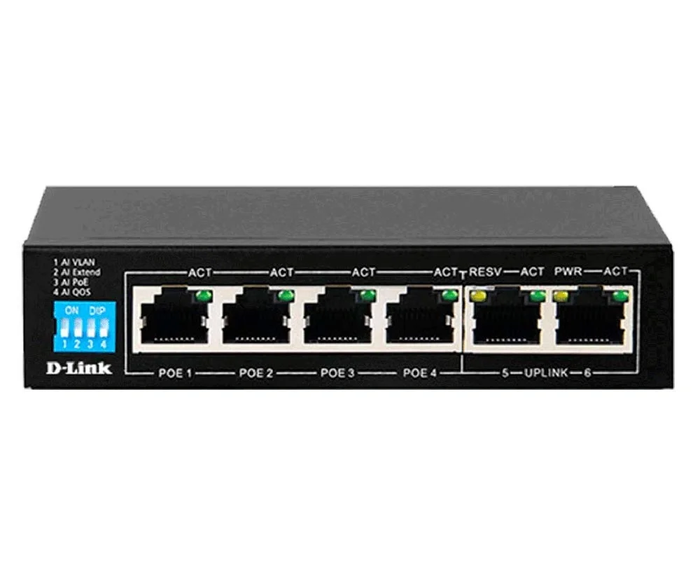 D-Link DES-F1006P-E 4-Port Unmanaged PoE Switch with 2 Uplink Ports, 100Mbps Speed, and 250m Long-Range PoE.