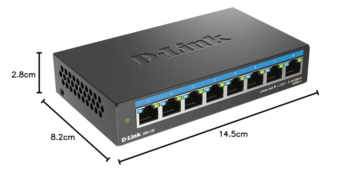 D-Link DMS-108 8-Port 2.5G Multi-Gigabit Unmanaged Desktop Switch – Fanless, Metal Housing, Plug & Play image 2