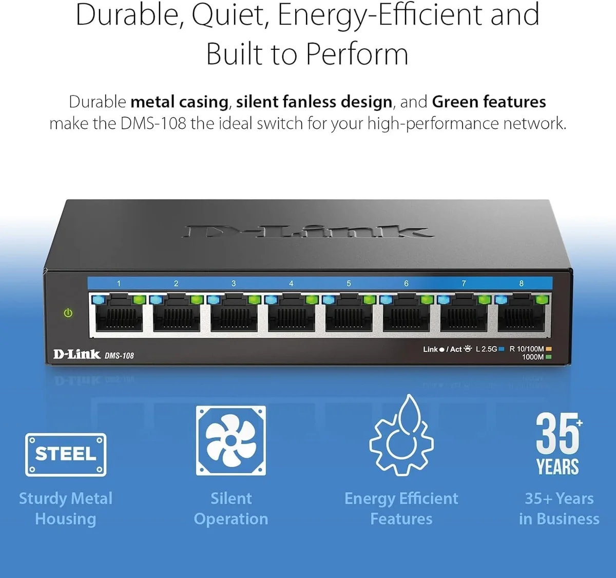D-Link DMS-108 8-Port 2.5G Multi-Gigabit Unmanaged Desktop Switch – Fanless, Metal Housing, Plug & Play image 3