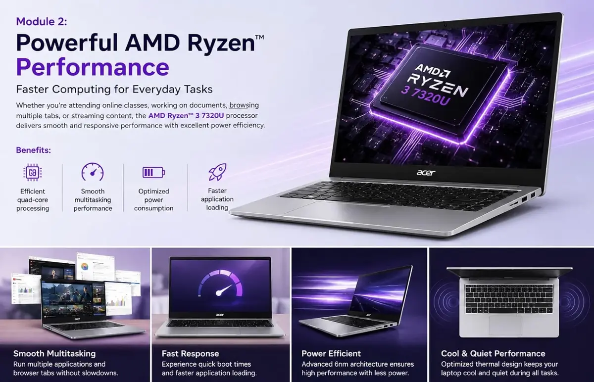 Acer One 14 Z14-55M, AMD Ryzen 3 7320U, 8GB LPDDR5 RAM, 512GB NVMe SSD, Windows 11 Home, Ms-Office, 14-Inch HD Display, AMD Radeon 610M Graphics, Silver, Thin and Light Laptop, 1 Year Warranty image 2