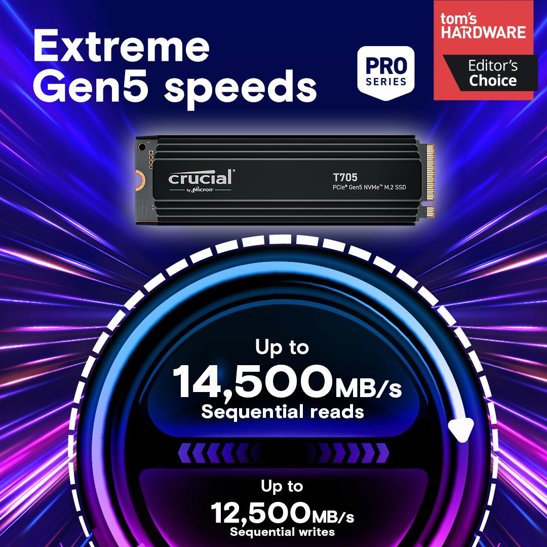 Crucial T705 2TB PCIe Gen5 NVMe M.2 SSD with heatsink,  Read and Write speeds up to 14,500 & 12700 MB/s, 5 Year Warranty thumbnail 2