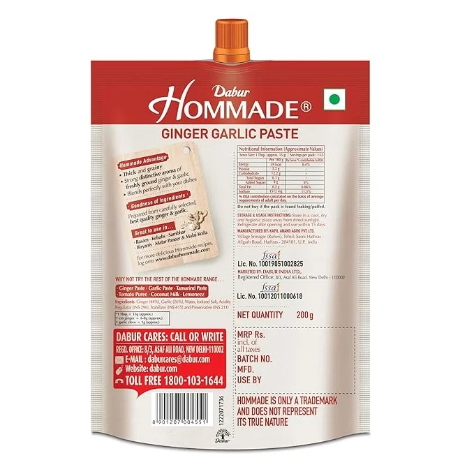 Dabur Hommade Ginger Garlic Paste 200g | No Preservatives image 2