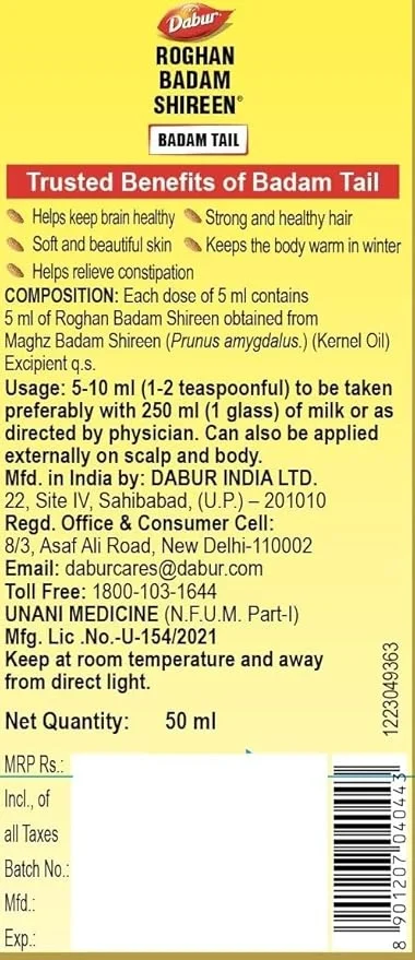 Dabur Roghan Badam Shireen - 50 ml | Pure sweet Badam oil for Glowing Skin & Hair Growth | Rich in Vitamin-E image 7