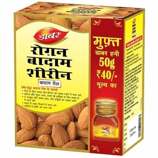 Dabur Roghan Badam Shireen 50ml. Pure sweet Badam oil for glowing skin and hair growth. Rich in Vitamin E.