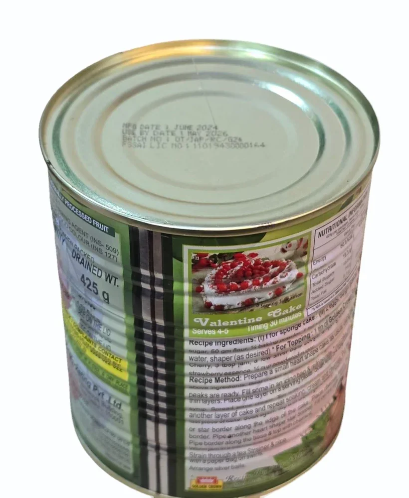  Bakers King Golden Crown Red Cherry Regular with Stem Fruit Canned (850 gm, Pack of 1 ) image 3