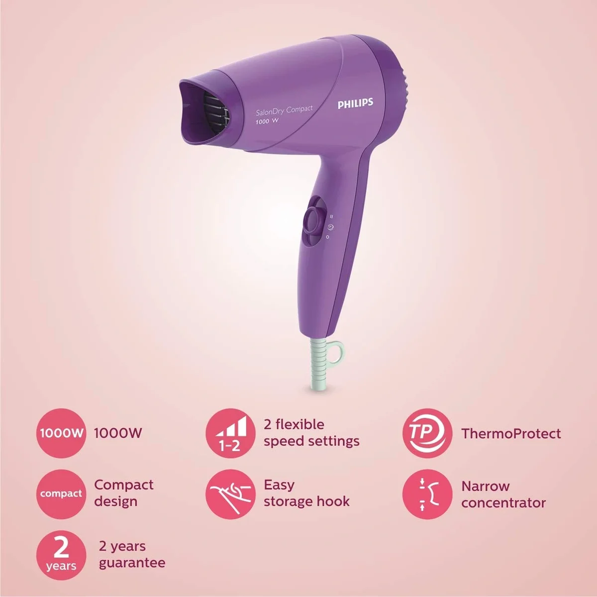 Philips HP8100/46 Purple Hair Dryer – Compact 1000W Hair Dryer for Everyday Use image 2