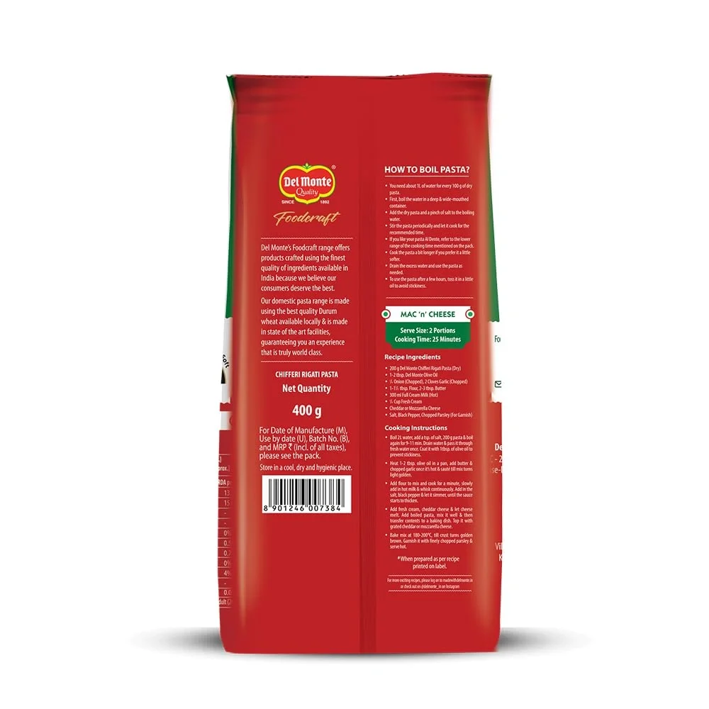  Del Monte Foodcraft Chifferi/Elbow Pasta 400g | 100% Durum Wheat/Semolina/Sooji Healthy Pasta | No Maida | Authentic Italian Taste | High Protein &... image 5