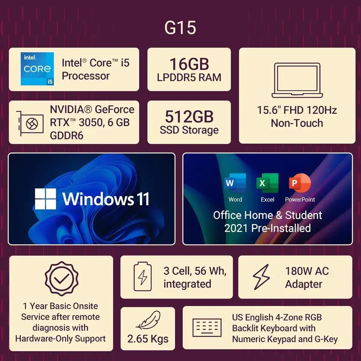 Dell G-15 5530, Intel Core i5-13450HX 13th, 16GB DDR5, 1TB NVMe SSD, Display 15.6" FHD 120Hz, WIN11 + Office H&S, Backlit Keyboard, 6 GB DDR6 RTX 3050 GRAPHIC CARD, Drak Shadow Grey, 1 Year Warranty image 2