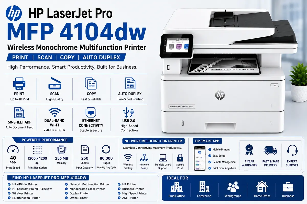 HP LaserJet Pro MFP 4104dw, 40 PPM, 512 MB, Print, Copy, Scan, ADF, Automatic Duplex, 2.7” Color Touchscreen Display,  A4 multifunction Printer, 1 Year Warranty