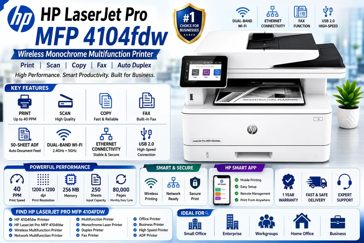 HP LaserJet Pro MFP 4104dw, 40 PPM, 512 MB, Print, Copy, Scan, ADF, FAX, Automatic Duplex, 2.7” Color Touchscreen Display,  A4 multifunction Printer, 3 Year Warranty