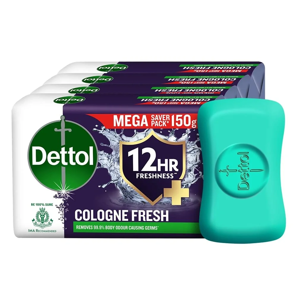 Dettol Cologne Fresh Bathing Soap Bar, 150g pack of 4 for 12hr freshness.